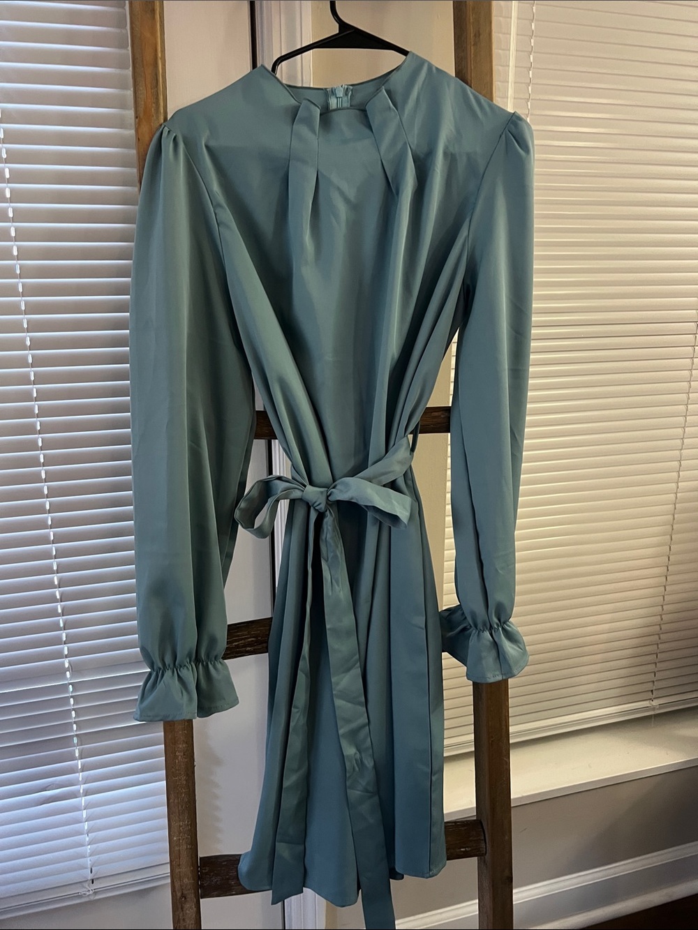Long-Sleeve Teal Tie-Waist Midi Dress by